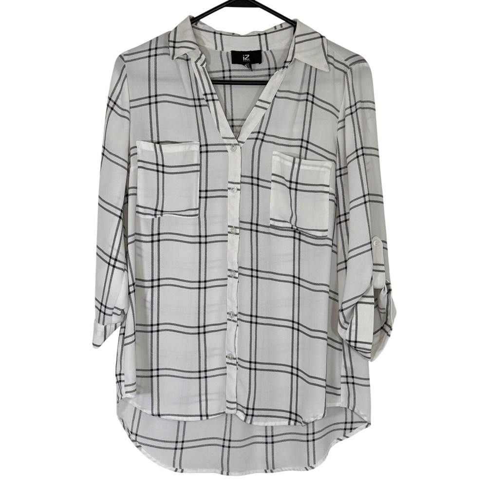 iZ Byer‎ White Black Windowpane Plaid Long Sleeve Button Up Blouse Size Medium